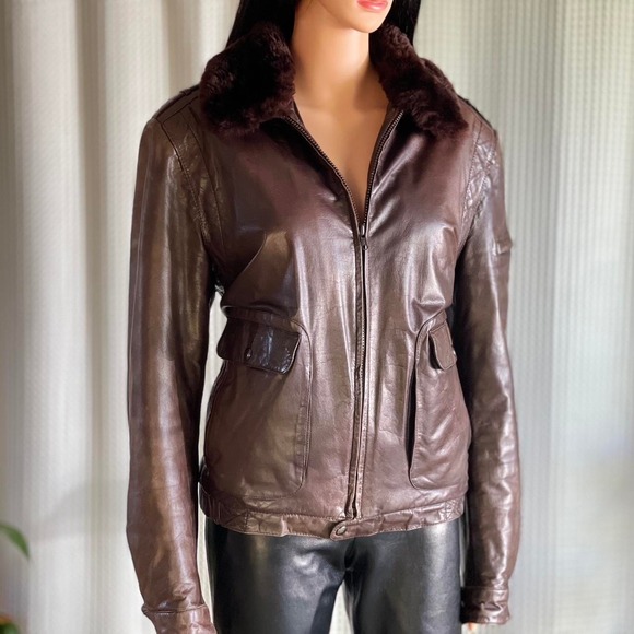 Vintage Mirage Brown Leather Bomber Jacket Fur Collar Aviator Coat Men's Size 42 - Picture 1 of 8